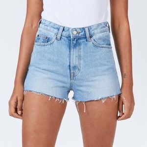 Dr. Denim Skye Shorts in Destiny Blue High-Rise Raw Hem Light Wash 100% Cotton